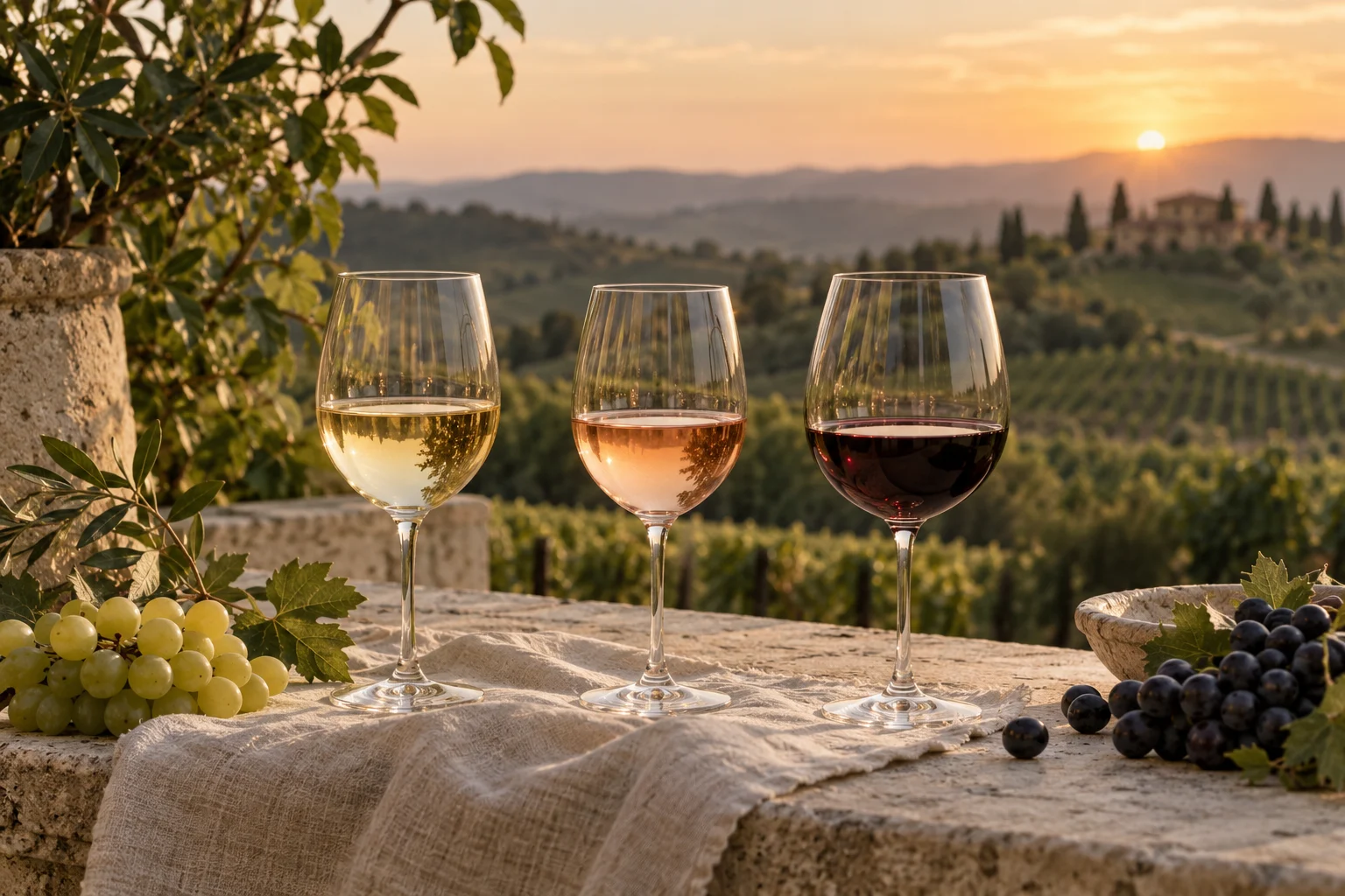 Drei Gläser mit Weißwein, Rosé und Rotwein auf hellem Leinen – Symbolbild