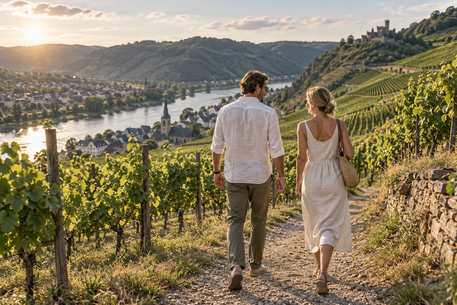 Zwei Menschen auf einem Spaziergang zwischen Weinreben – Symbolbild
